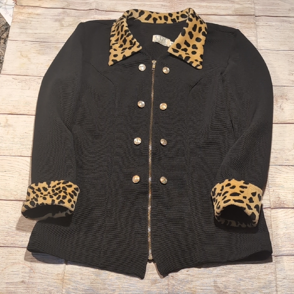Caren Desiree Co Vintage Ribbed Black Cheetah Detail Jacket Size 8